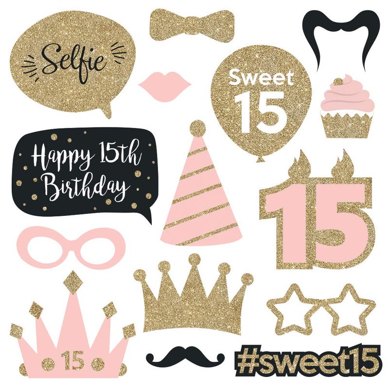 Perfect Occasion Fully Assembled 15 Birthday Quinceanera Photo Booth Props - Set of 30 - Pink & Gold Quince Selfie Signs - Cute 15th Party Supplies & Decorations with Real Glitter - Did We Mention No DIY - Image 4